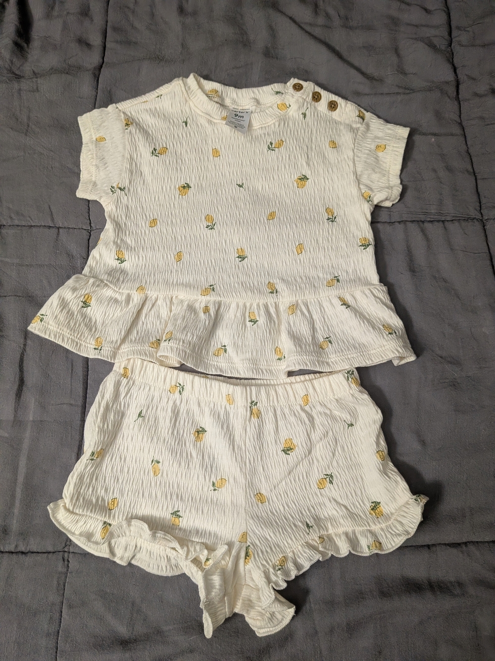 Carter's 9m Like New Cream Yellow Floral Peplum Top & Shorts Set Summer Precious